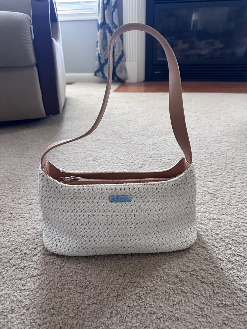 Nine West Cream Crochet Shoulder Bag with Tan Strap